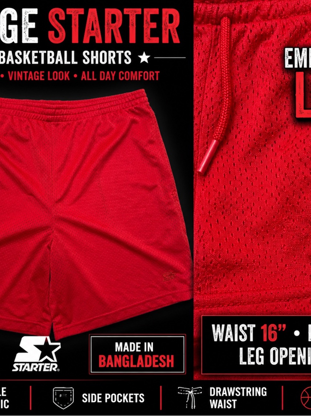 STARTER Men’s Red Athletic Mesh Shorts with Drawstring